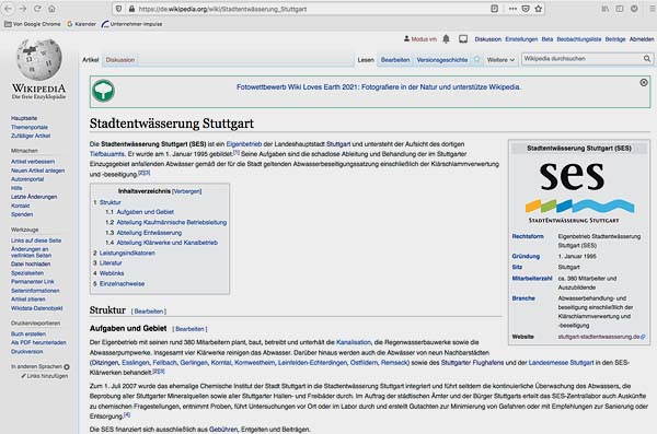 Die Stadtentwässerung Stuttgart SES ist jetzt in der weltweiten Enzyklopädie Wikipedia zu finden